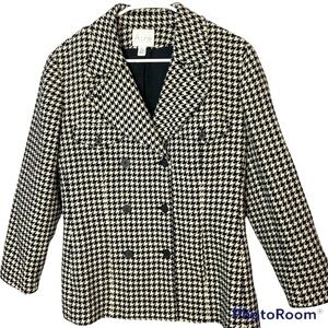 Anne Klein A-Line Wool Houndstooth Blazer Double Breasted Jacket Lined V…